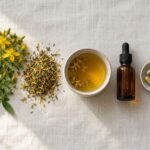 Hipérico en cinco formas sobre fondo claro: flores frescas, planta seca, taza de infusión, frasco de tintura y cápsulas.