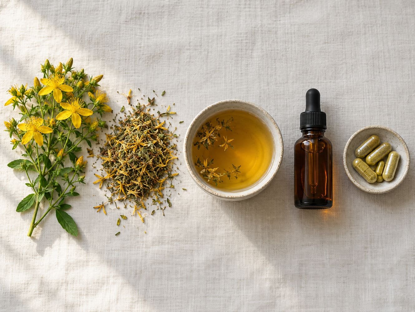 Hipérico en cinco formas sobre fondo claro: flores frescas, planta seca, taza de infusión, frasco de tintura y cápsulas.